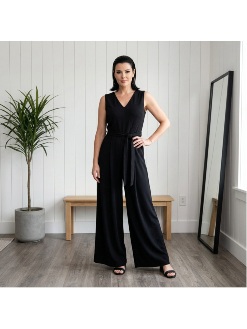 Shelby&Palmer Black Wide-leg Belted Jumpsuit OfficeSiren WhimsyGoth VNeck size12